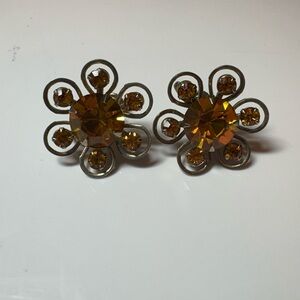 Vintage Screw On Earrings With Amber Colored Glass Stones